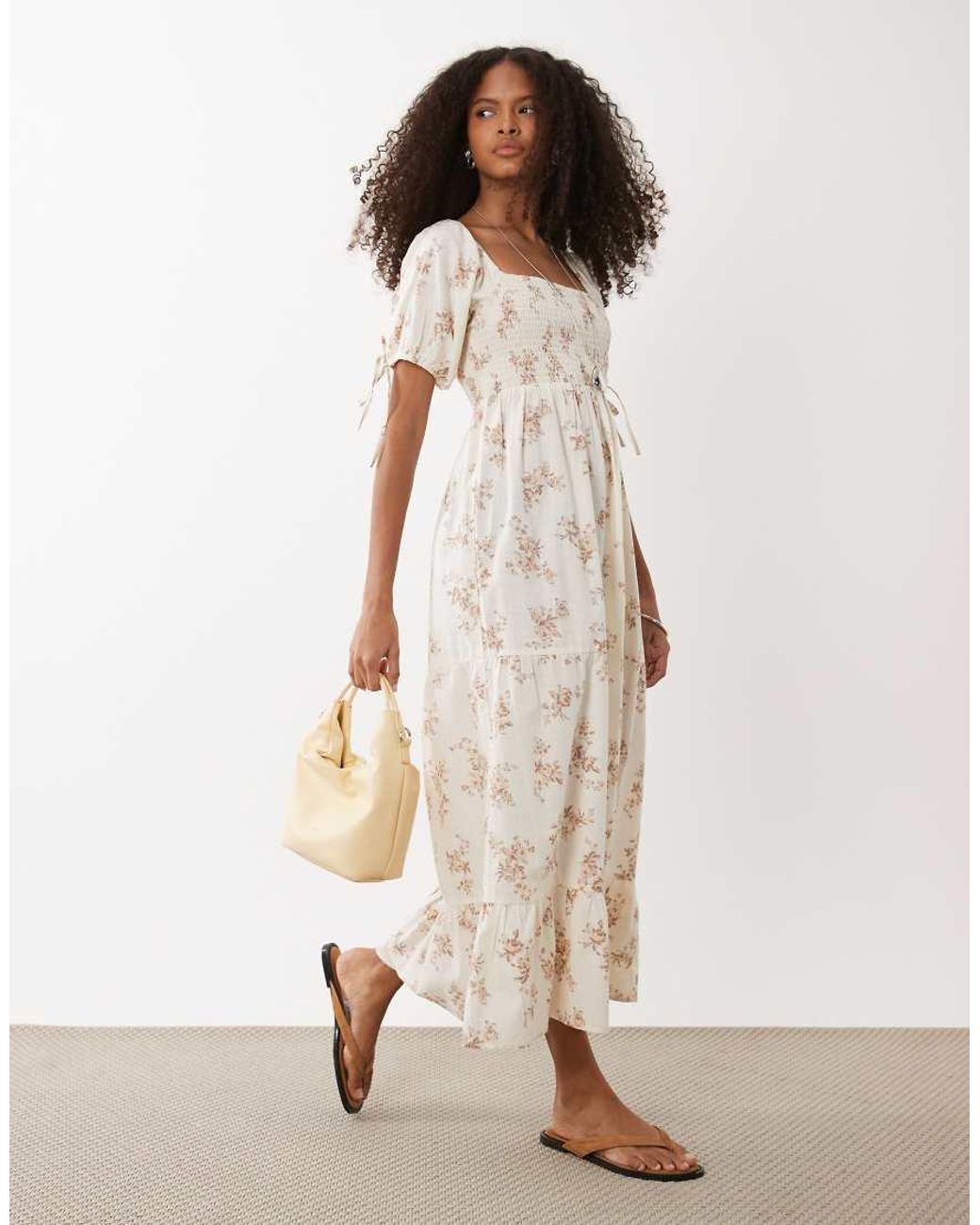 Wednesday's Girl Natural Wednesdays Girl Tiered Shirred Detail Smock Midaxi Dress