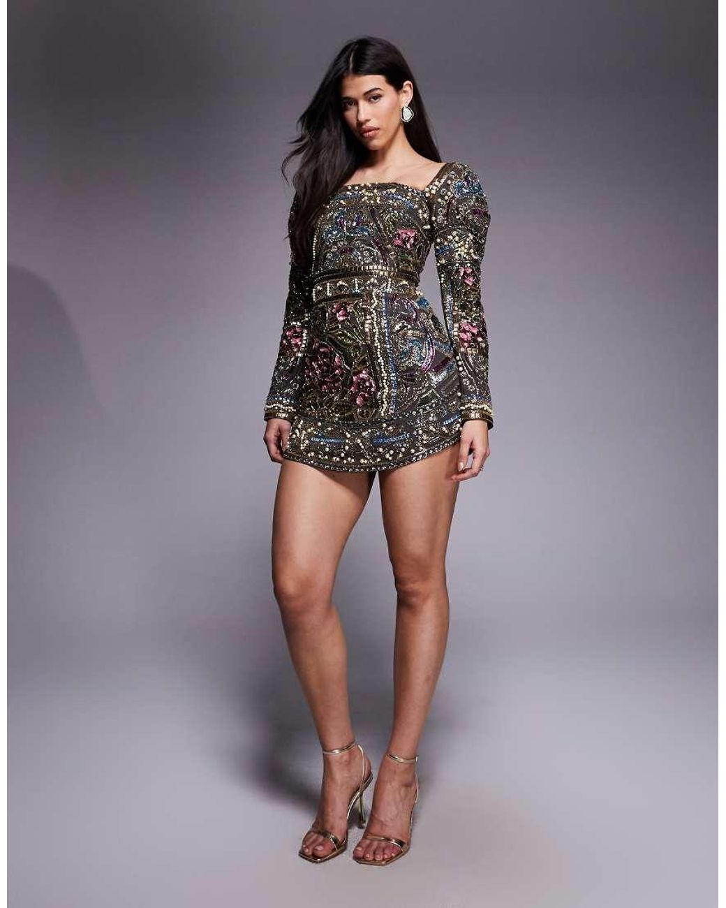 ASOS Gray Embellished Domed Sleeve Curve High Neckline Mini Dress
