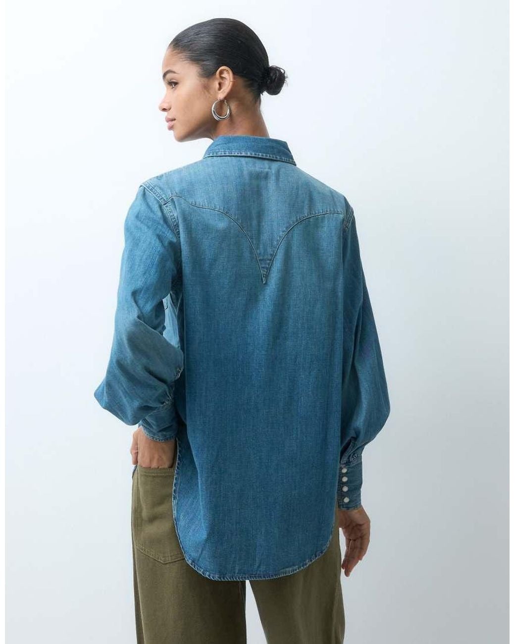 Wrangler Blue Western Denim Shirt With Blouson Sleeves
