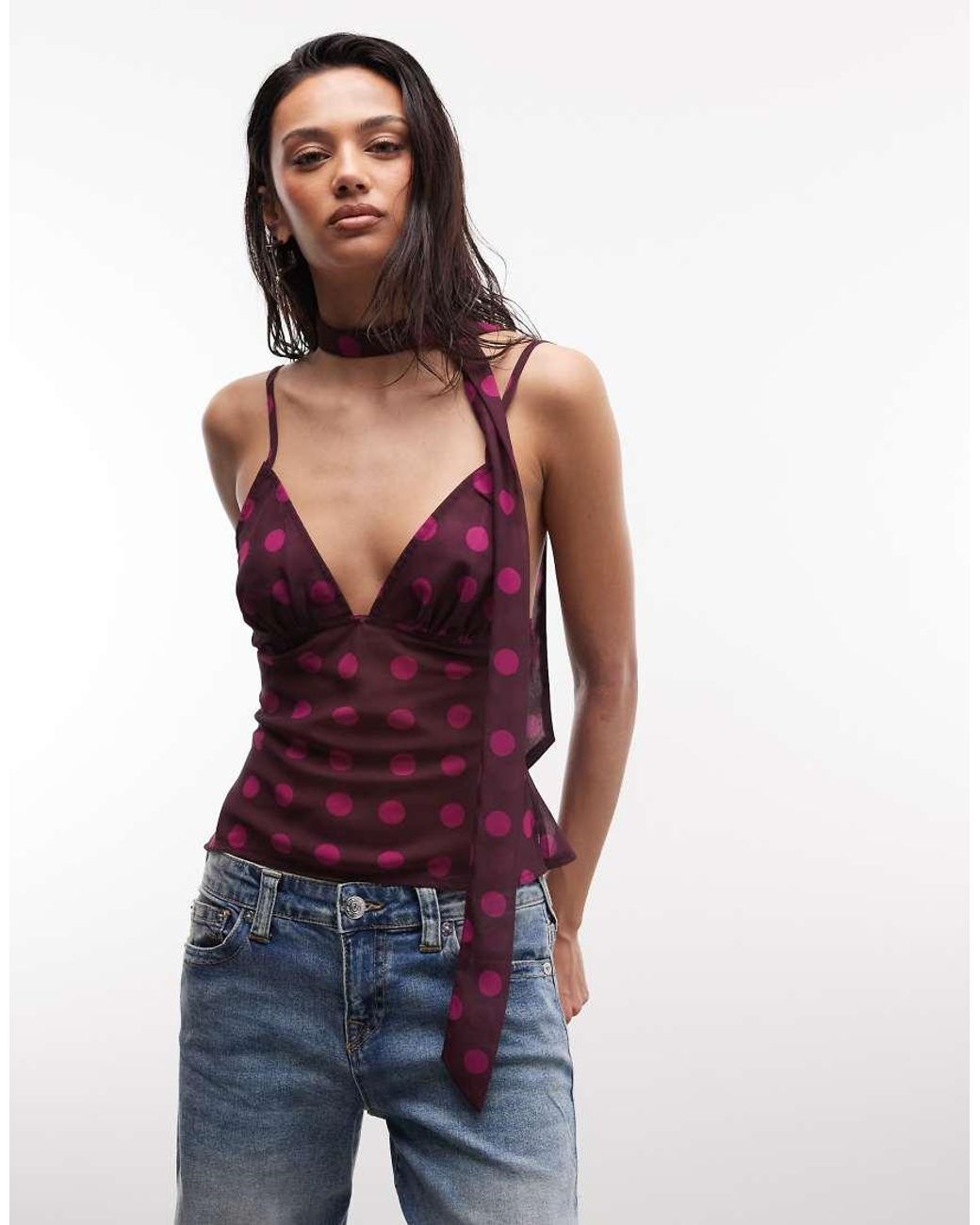 Collusion Red Chiffon Polka Dot Cami Top With Scarf