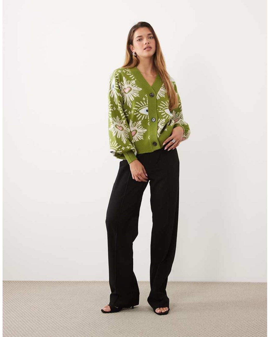 Never Fully Dressed Green Knit V-neck Diamante Heart Detail Cardigan