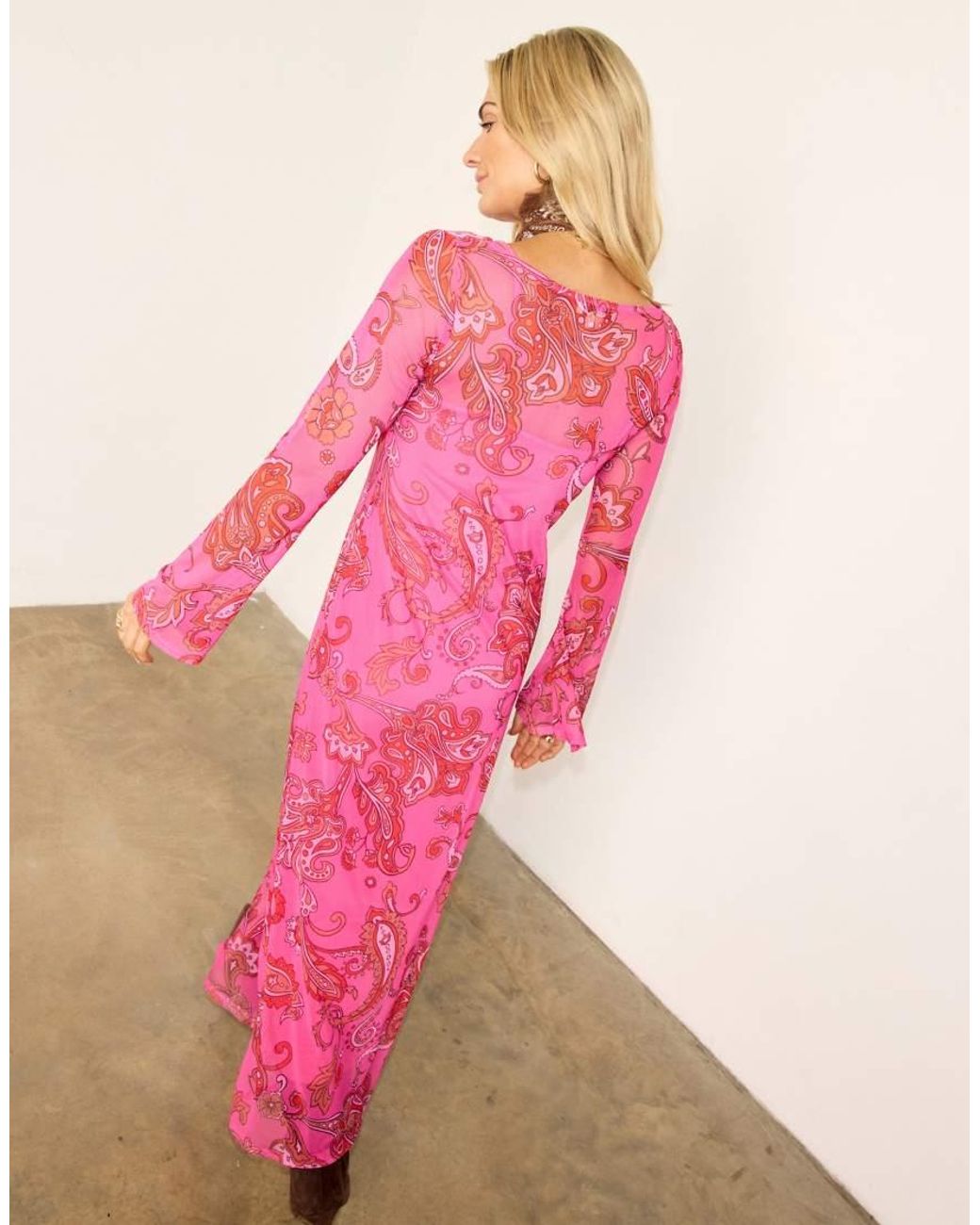 Never Fully Dressed Pink Mesh Slash Neck Flared Sleeve Maxi Dress