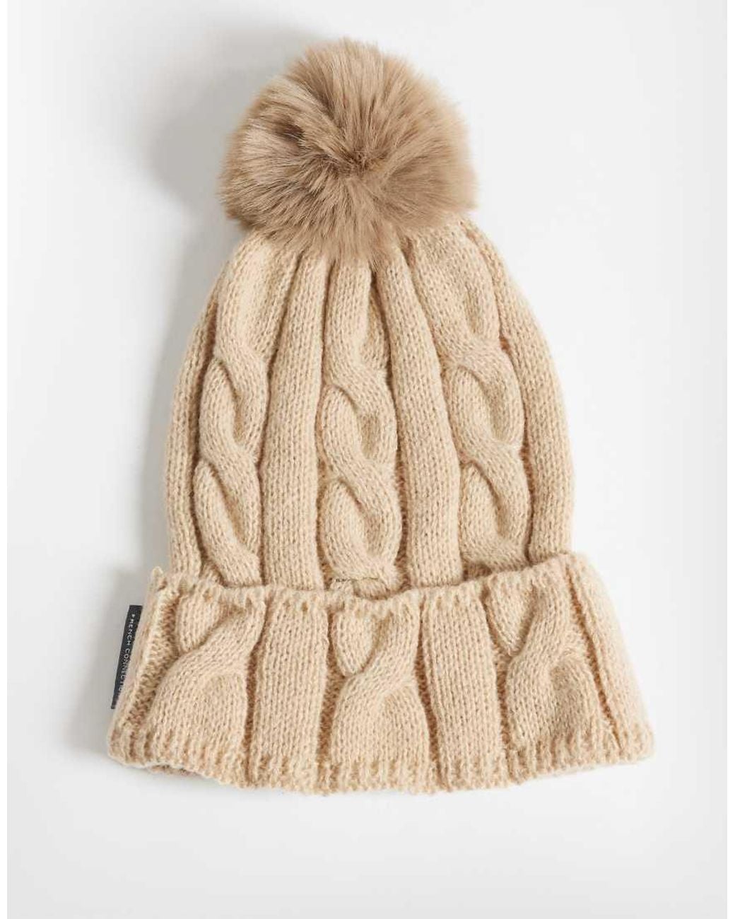 French Connection Natural Cable Knit Pom Pom Beanie