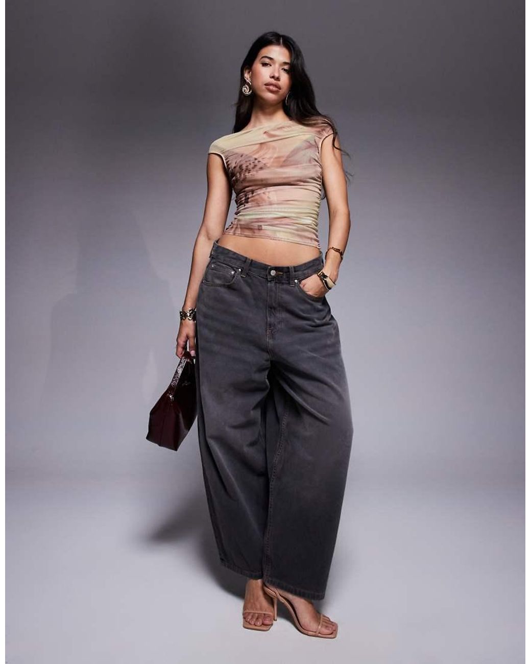 ASOS Top Van Mesh Met Blote Schouders En Oversized Bloemenprint in het Gray