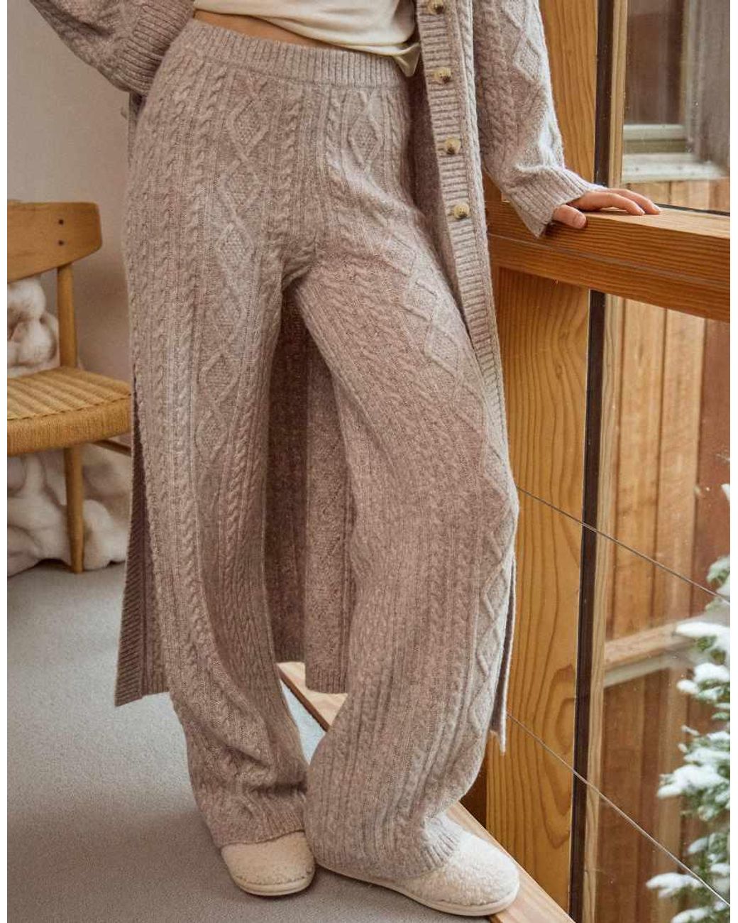 4th & Reckless Brown Contains Wool Cable Knit Relaxed Wide Leg Trouser Co-Ord