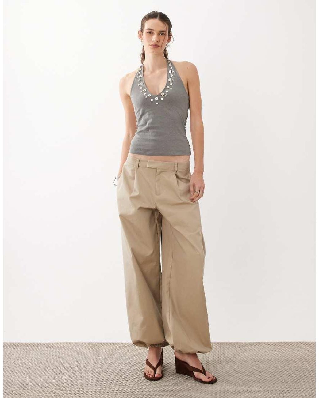 Mango Gray Cotton Mix Halterneck Top With Faux Shell Buttons