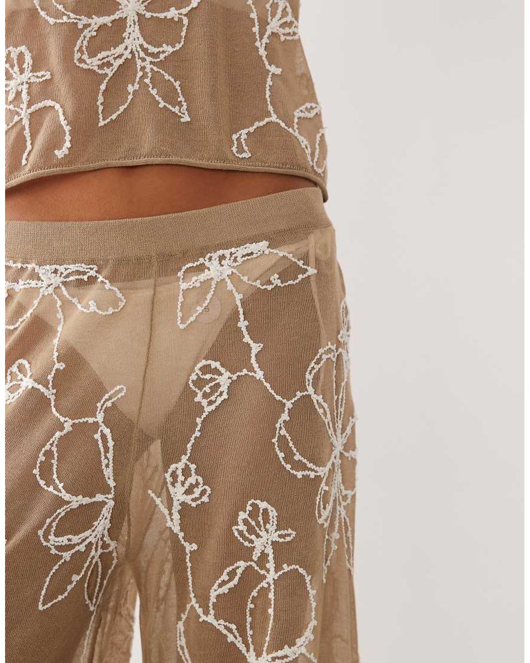 Miss Selfridge Natural Beach Premium Sheer Knit Embroidered Wide Leg Pants