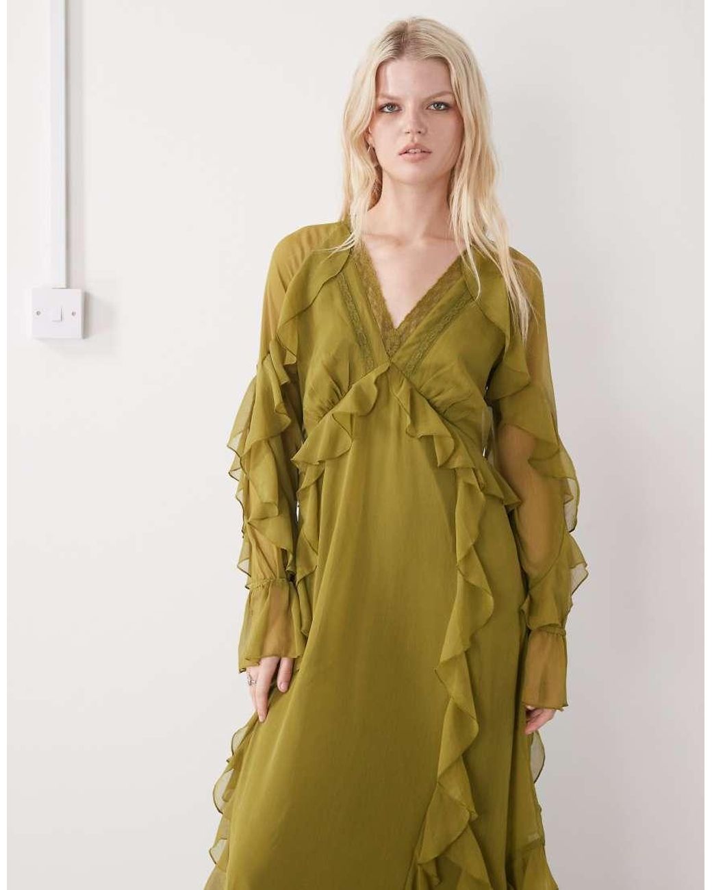 Reclaimed Vintage Green Maxi Ruffle Tea Dress