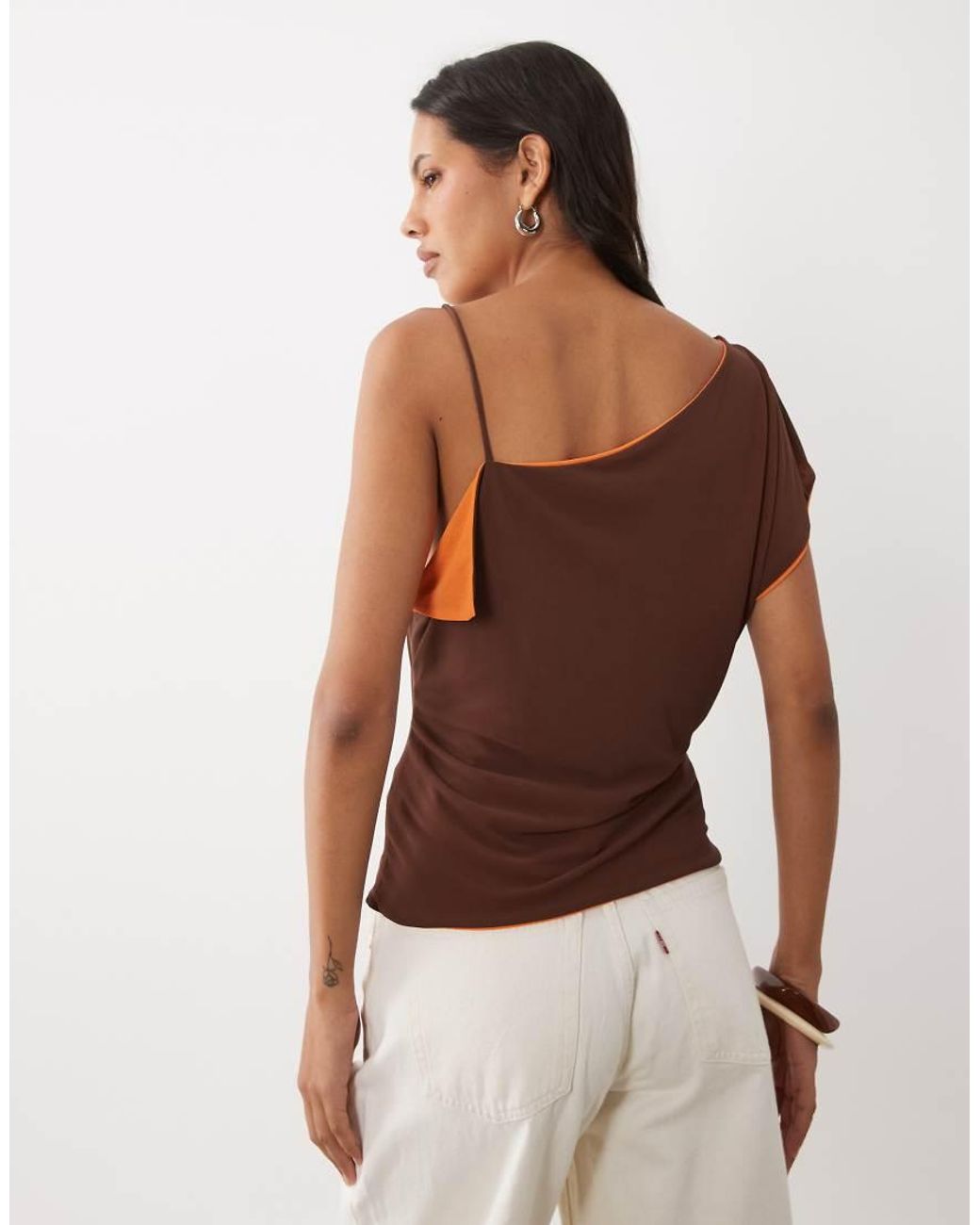 ASOS Brown Double Layer Contrast Mesh Asymmetric Tank Top