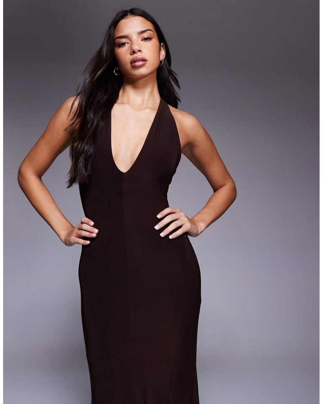 Fashionkilla Blue Exclusive Double Sculpted Slinky Plunge Halterneck Godet Hem Maxi Dress