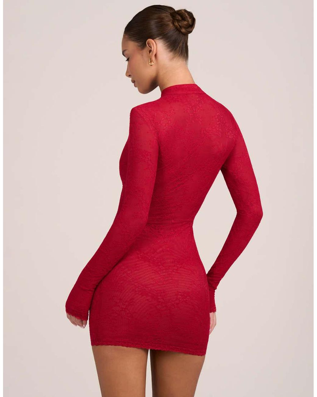 Oh Polly Red Lace Mesh Mandarin Collar Mini Dress