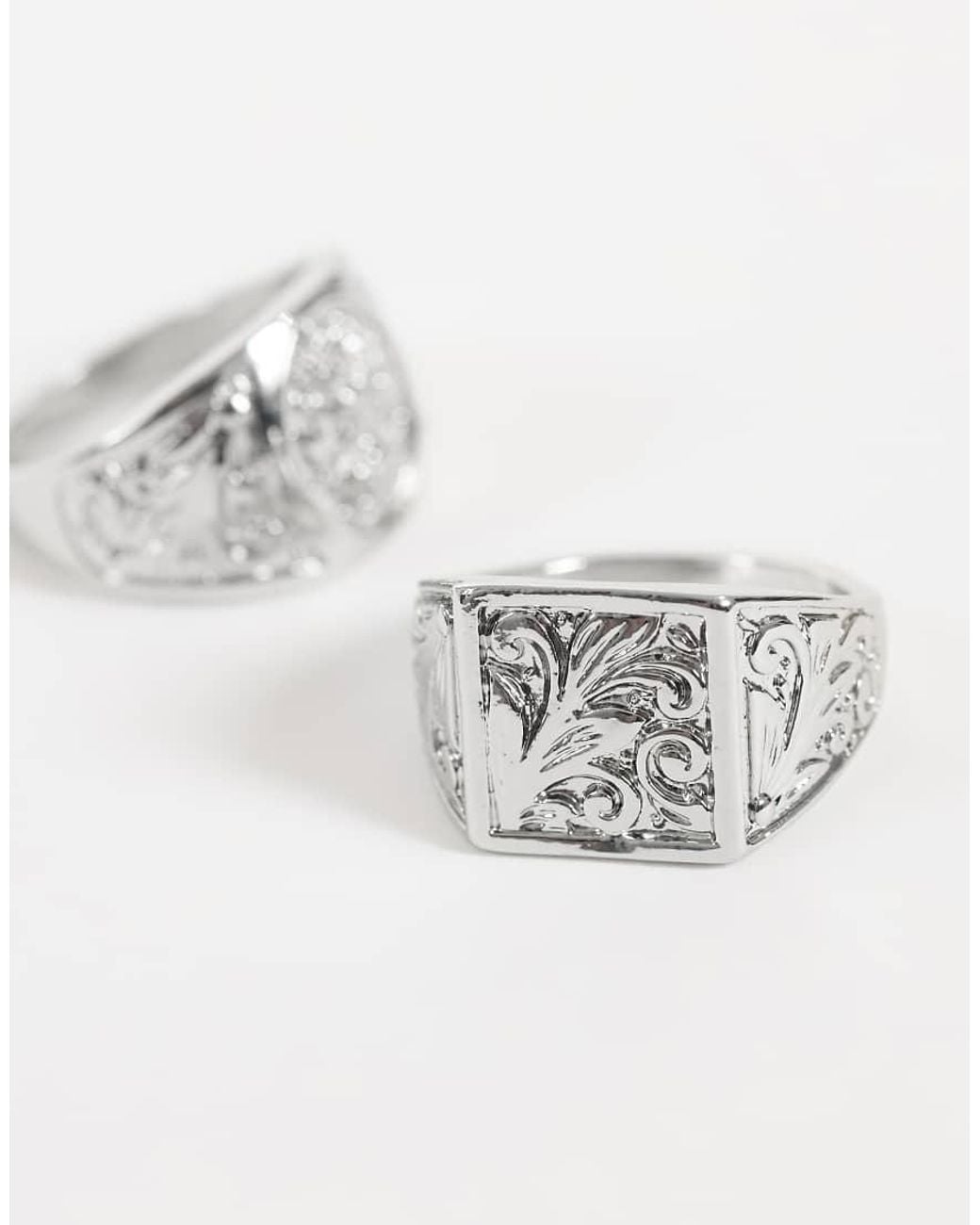 Reclaimed Vintage Metallic Unisex Rhodium Engraved Two Pack Of Signet Rings