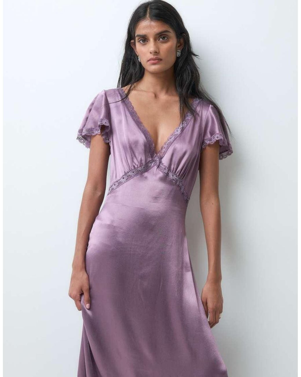 Miss Selfridge Purple Satin Lace Midi Tea Dress
