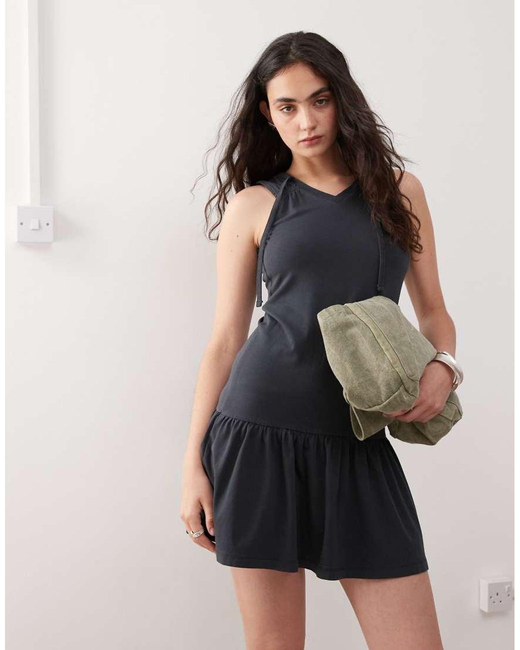 Collusion Black Neck Detail Drop Waist Ruffle Dress
