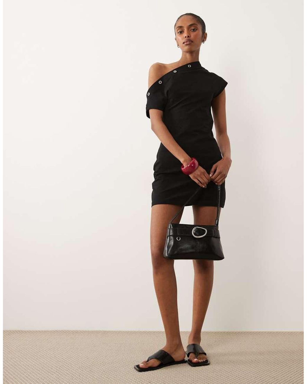 ASOS Black Eyelet Detail Off The Shoulder Mini Dress