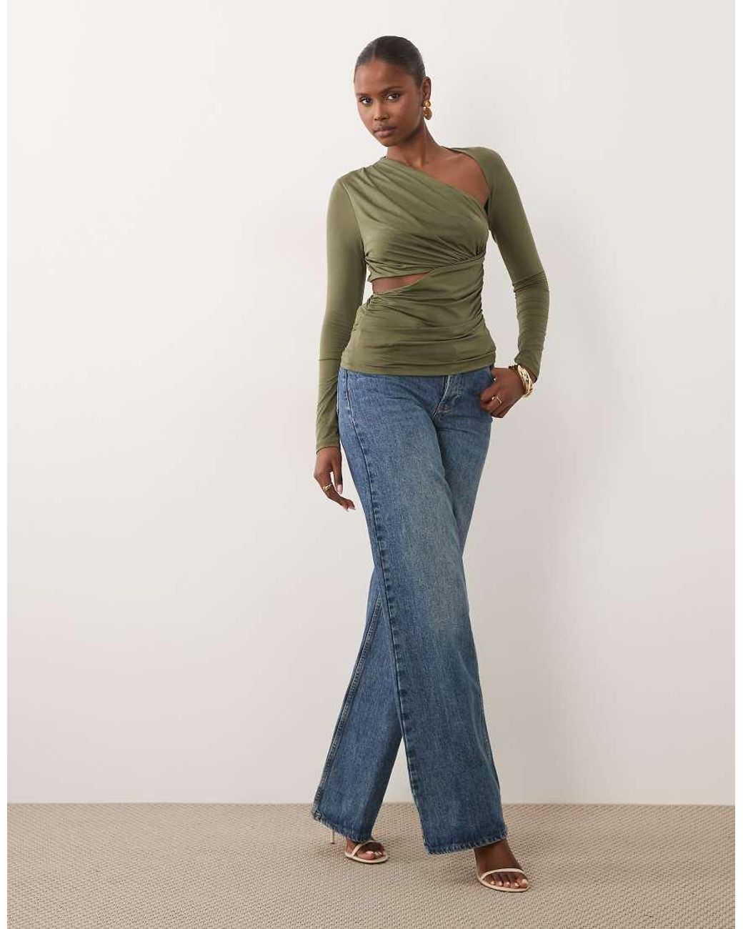 ASOS Green Asymmetric Ruched Long Sleeve Top With Cut Out