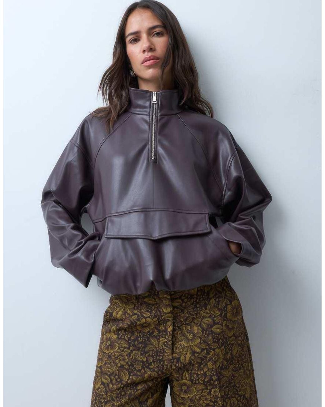 ASOS Brown Faux Leather Quarter Zip Jacket