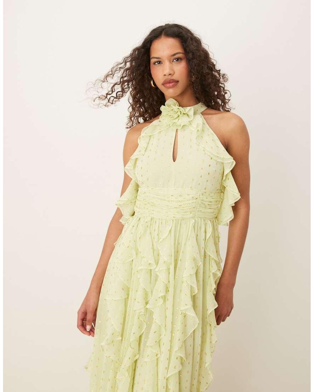 ANAYA Natural Cold Shoulder Waterfall Ruffle Maxi Dress