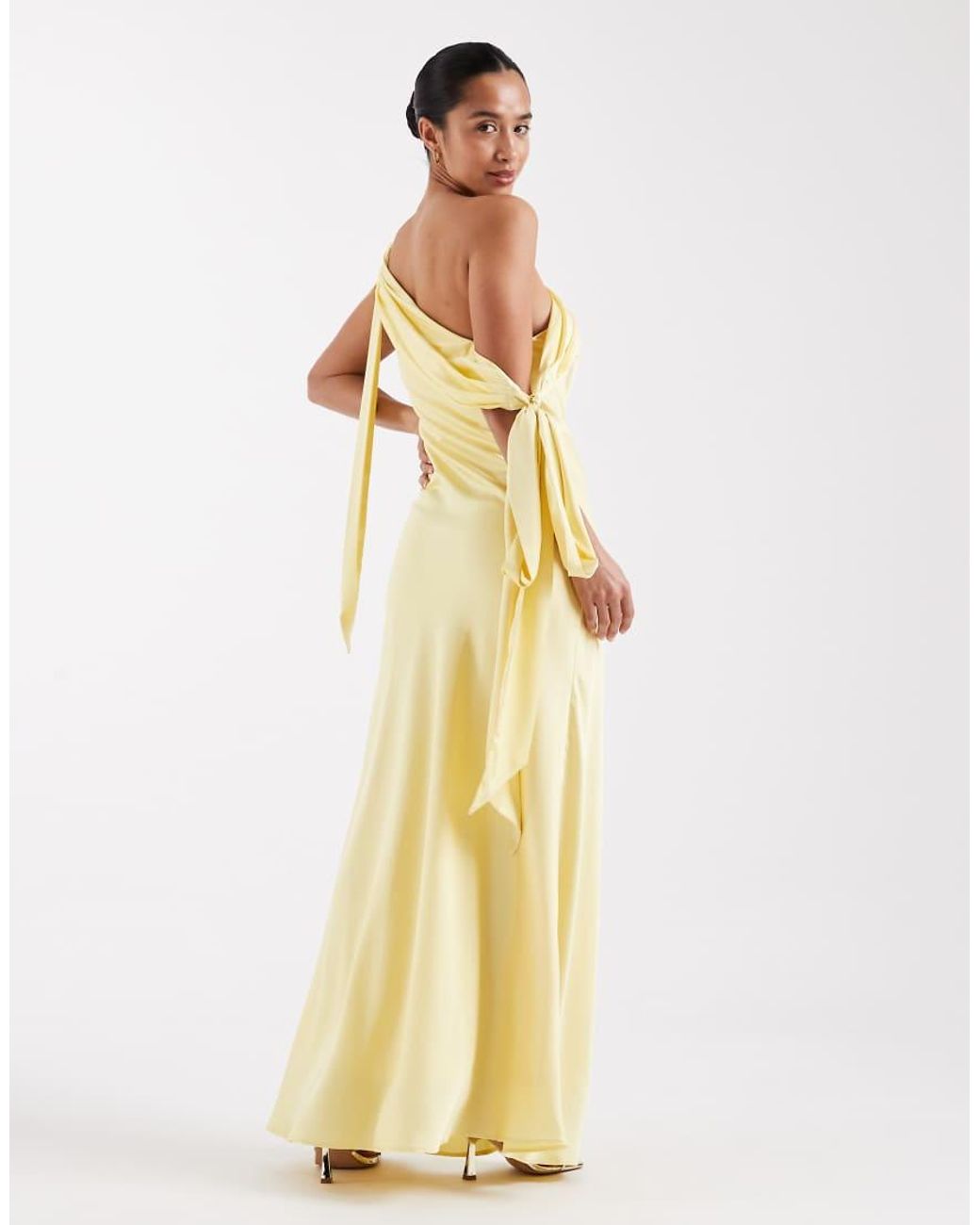 TFNC London Natural Bridesmaids Fallen Shoulder Satin Maxi Dress