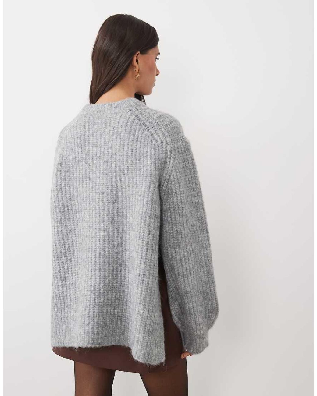 ASOS Gray Rib Longline Sweater With Side Split With Wool