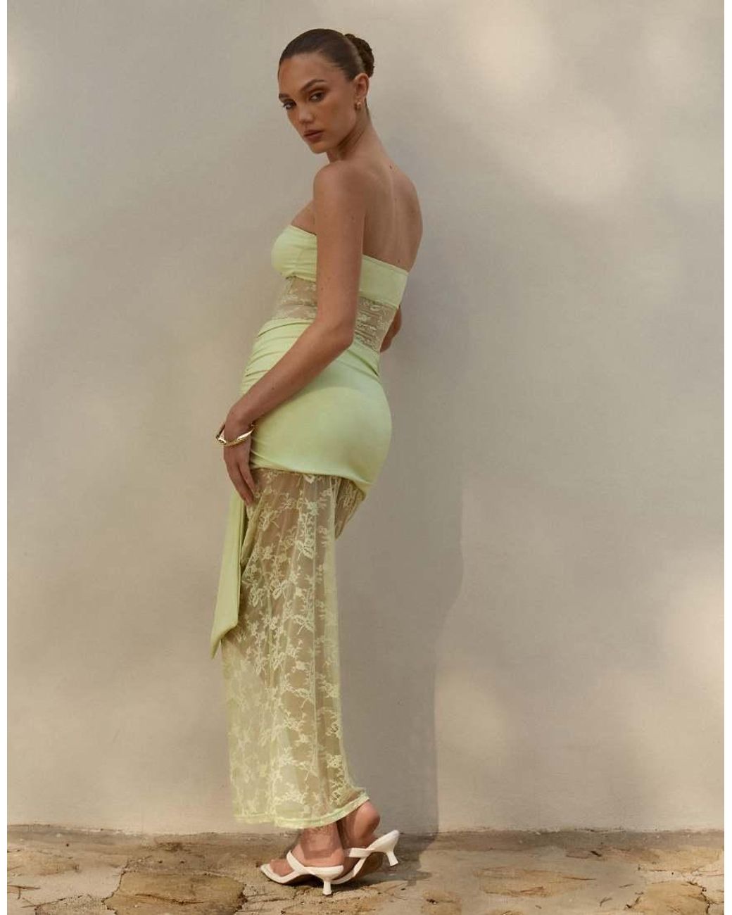 The Frolic Green Exclusive Slinky Bandeau Twist Front Sheer Lace Insert & Hem Maxi Dress