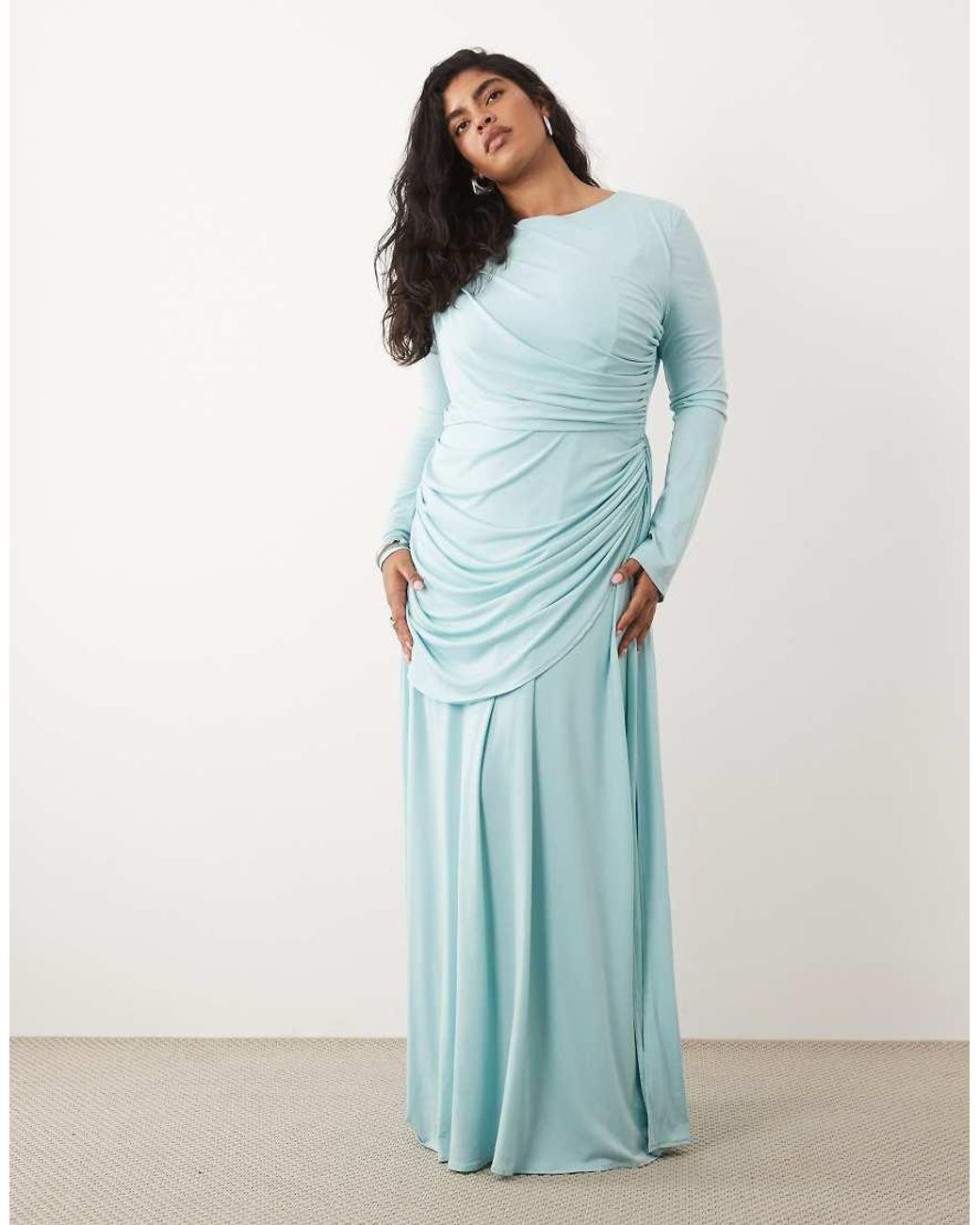 Tfnc Plus Blue Slinky Draped Ruched Full Skirt Maxi Dress