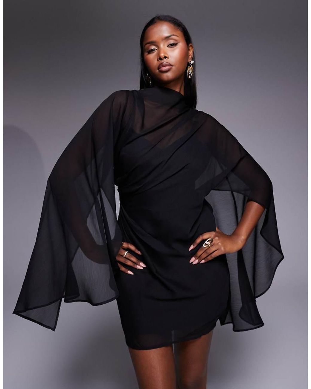 ASOS Black Drape Front Extreme Cape Sleeve Mini Dress