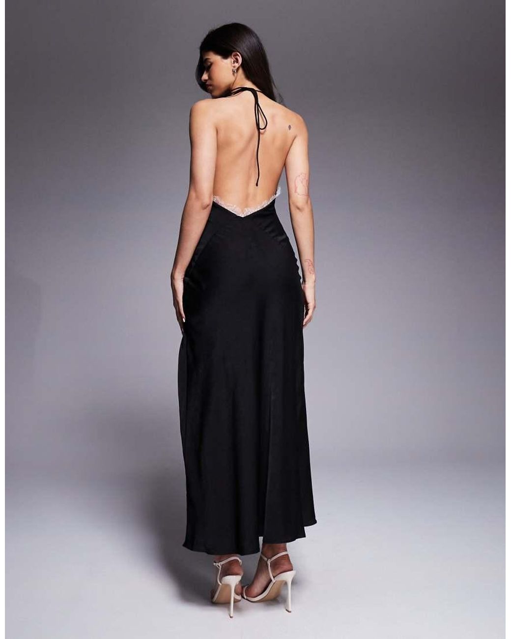 Bardot Black Orada Satin Lace Trim Cut Out Slit Front Halter Neck Midaxi Dress