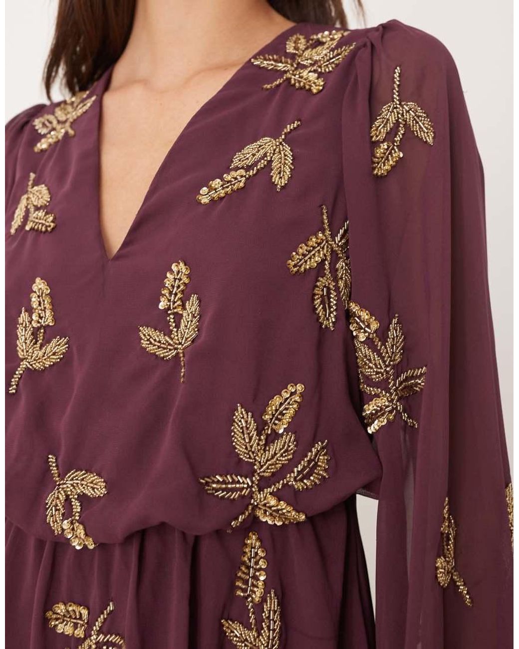 Maya Red Embellished Long Sleeve V Neck Mini Dress