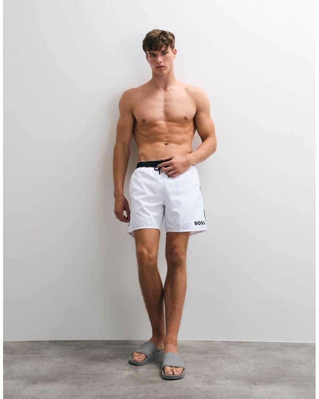 Boss White Starfish Swim Shorts With Logo Print for men