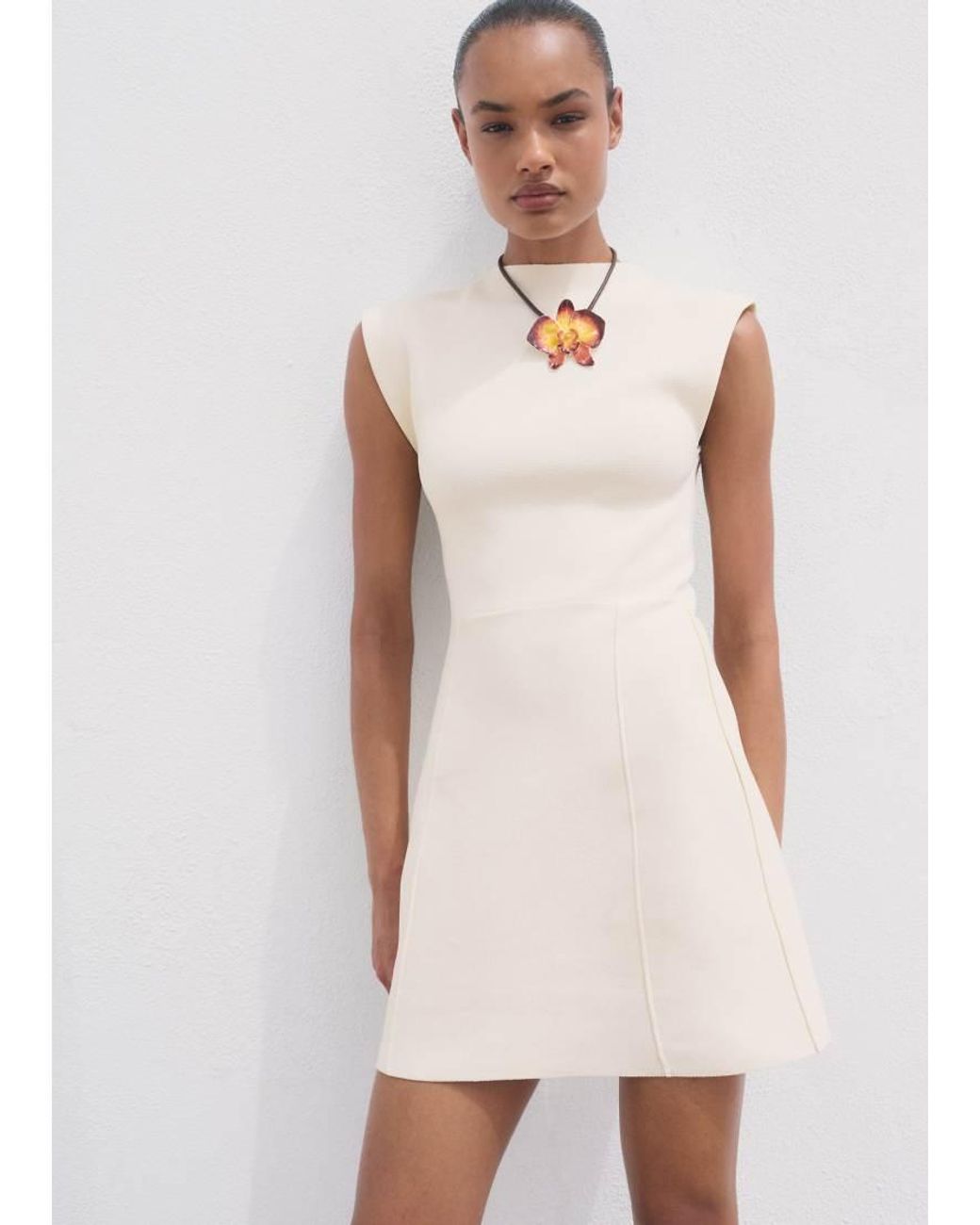 Mango Natural High Neck Cap Sleeve Compact Knit Ini Dress