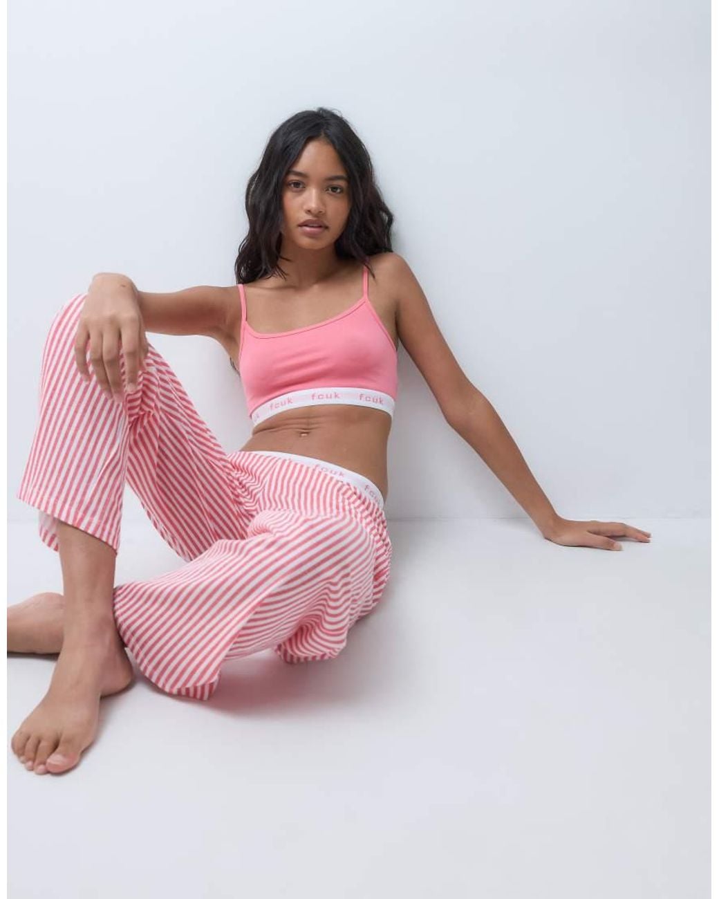 French Connection Pink Fcuk Logo Waist Stripe Trouser Pyjama Set