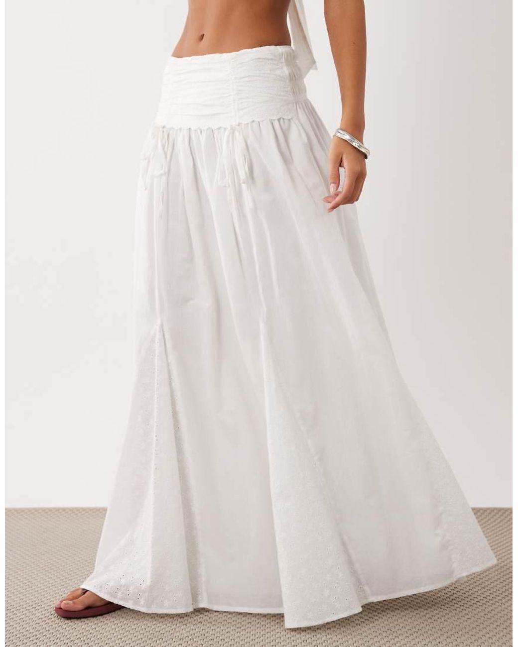 Wanderdoll White Emmy Cotton Broderie Foldover Waist Maxi Skirt Co-ord