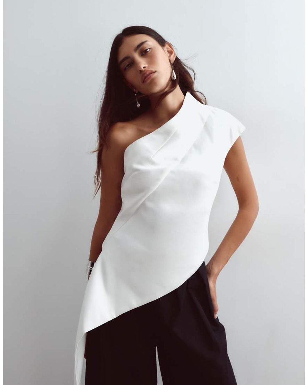 ARRANGE White One Shoulder Drape Top