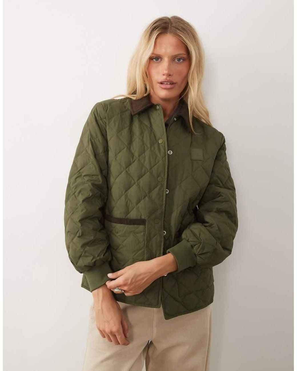 Calvin Klein Green Lightweight Quilted Jacket With Contrast Collar And Hem