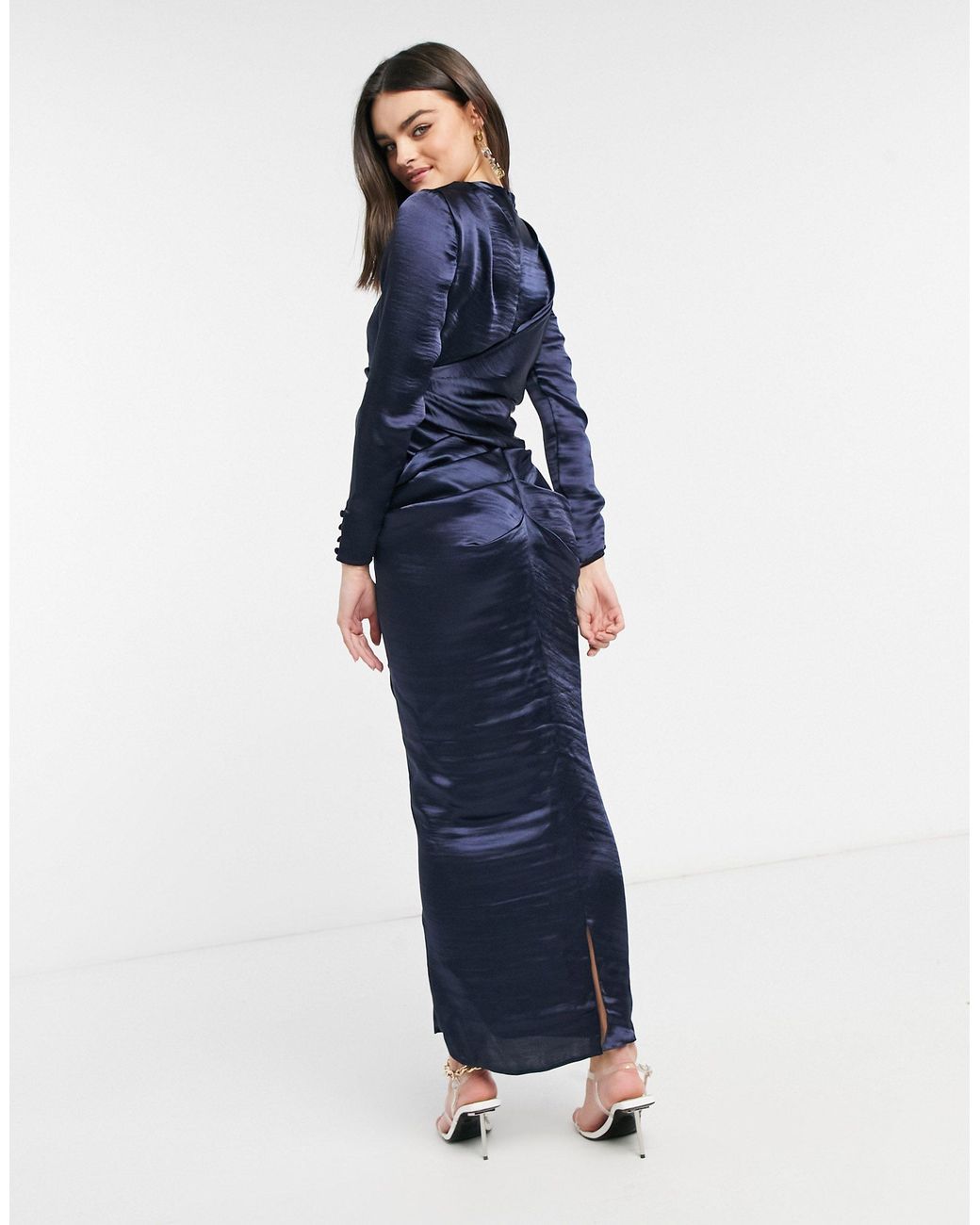 Asos design high drape neck maxi with long sleeves in navy Clearance