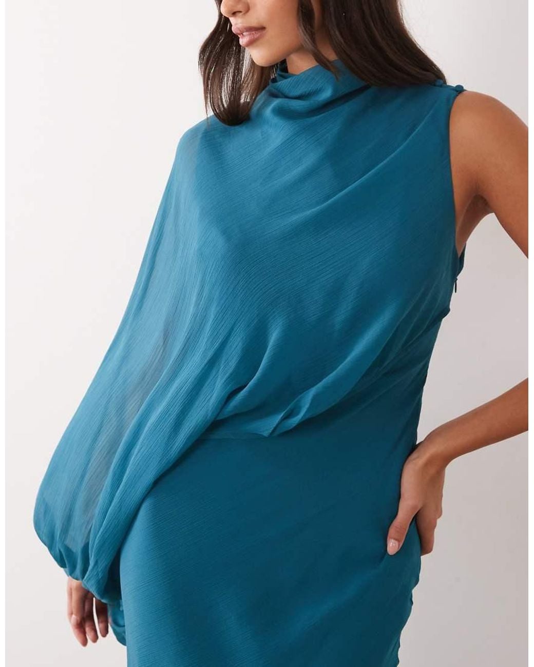 ASOS Blue One Sleeve Blouson Overlay Bias Cut Maxi Dress
