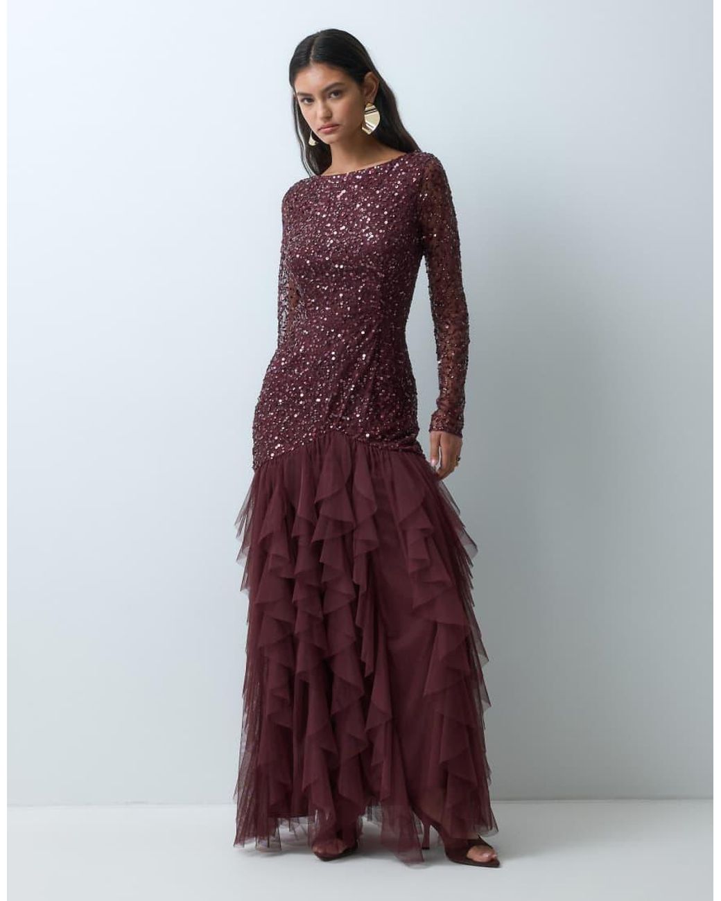 LACE & BEADS Red Embellished Round Neck Drop Waist Ruffle Skirt Maxi Dress