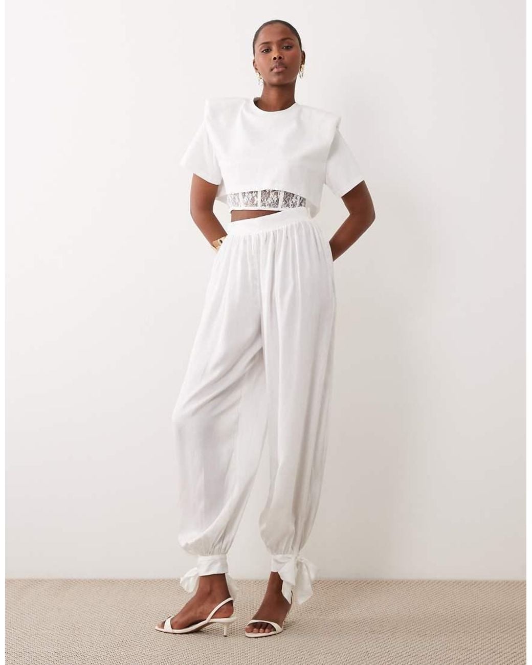 Noughts & Kisses Natural Satin Balloon Leg Tie Detail Trouser Co-Ord