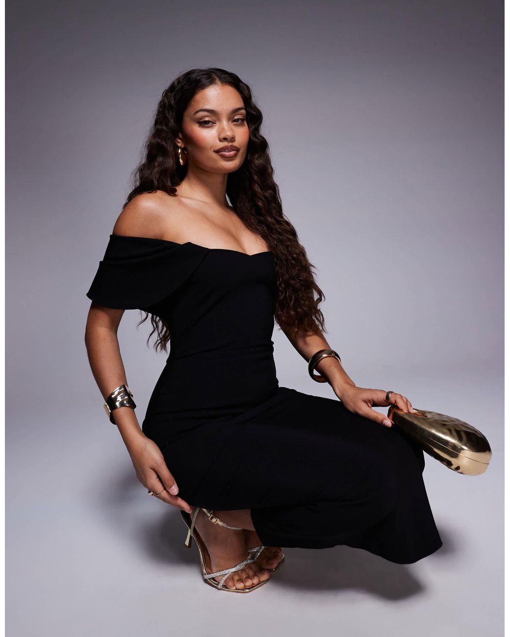 Vesper Petite Black Bengaline Bardot Drape Sleeve Detail Midaxi Dress