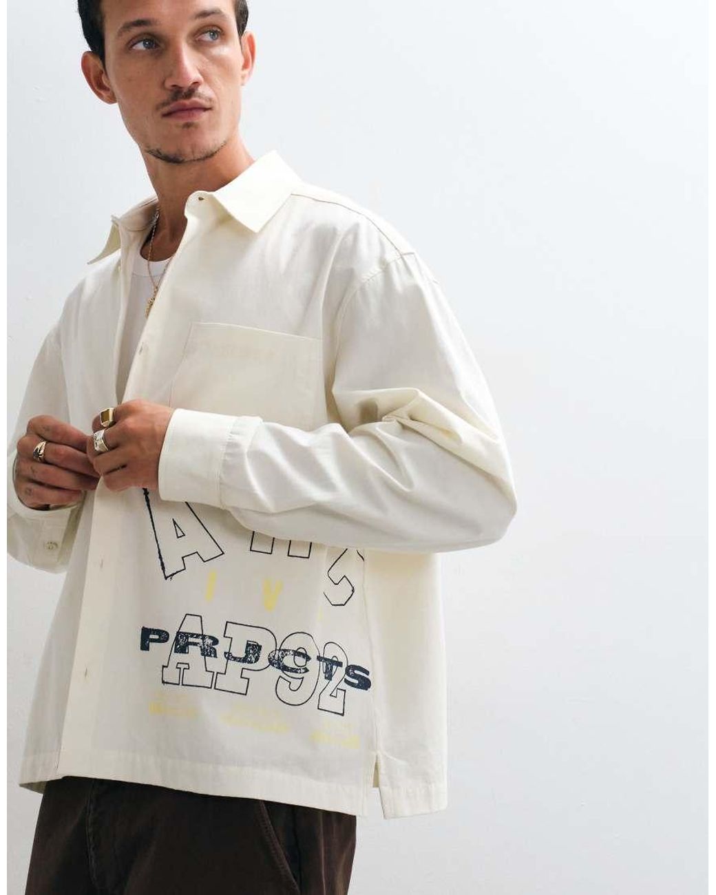 ASOS Natural Boxy Oversized Poplin Shirt With Placement Print for men