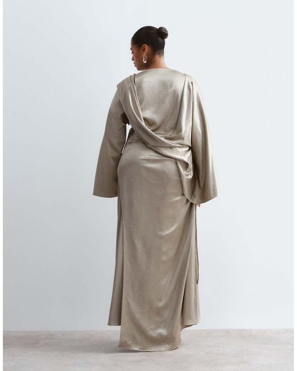 ARRANGE Metallic Curve Satin Drape Long Sleeve Maxi Dress