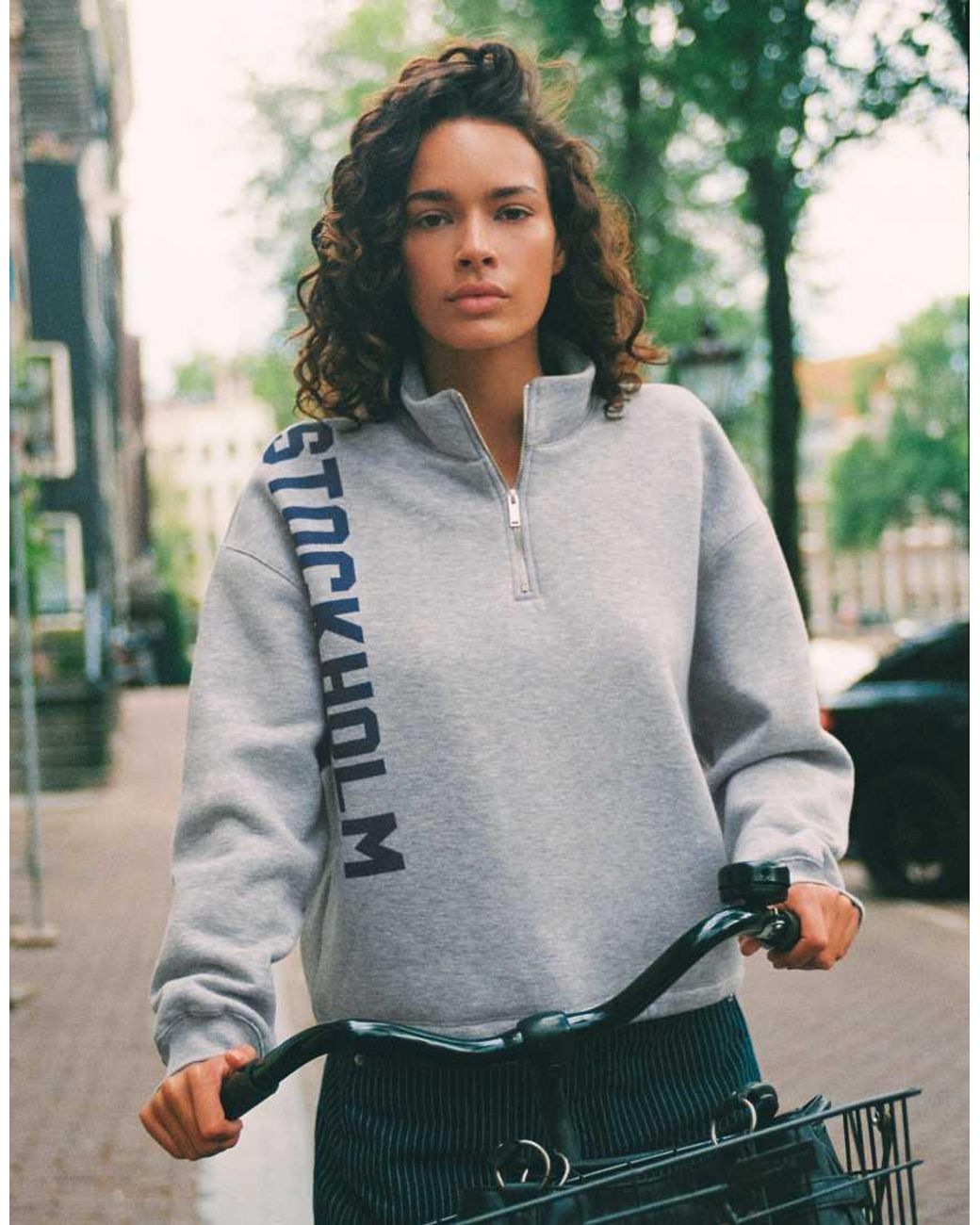 Pull&Bear Gray Quarter-Zip Graphic Sweatshirt