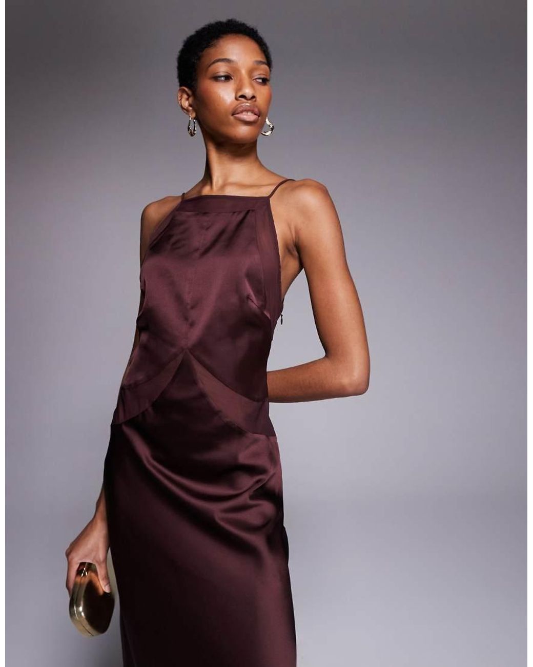 ASOS Purple Asos Design Tall Satin Chiffon Mix Square High Neck Maxi Dress