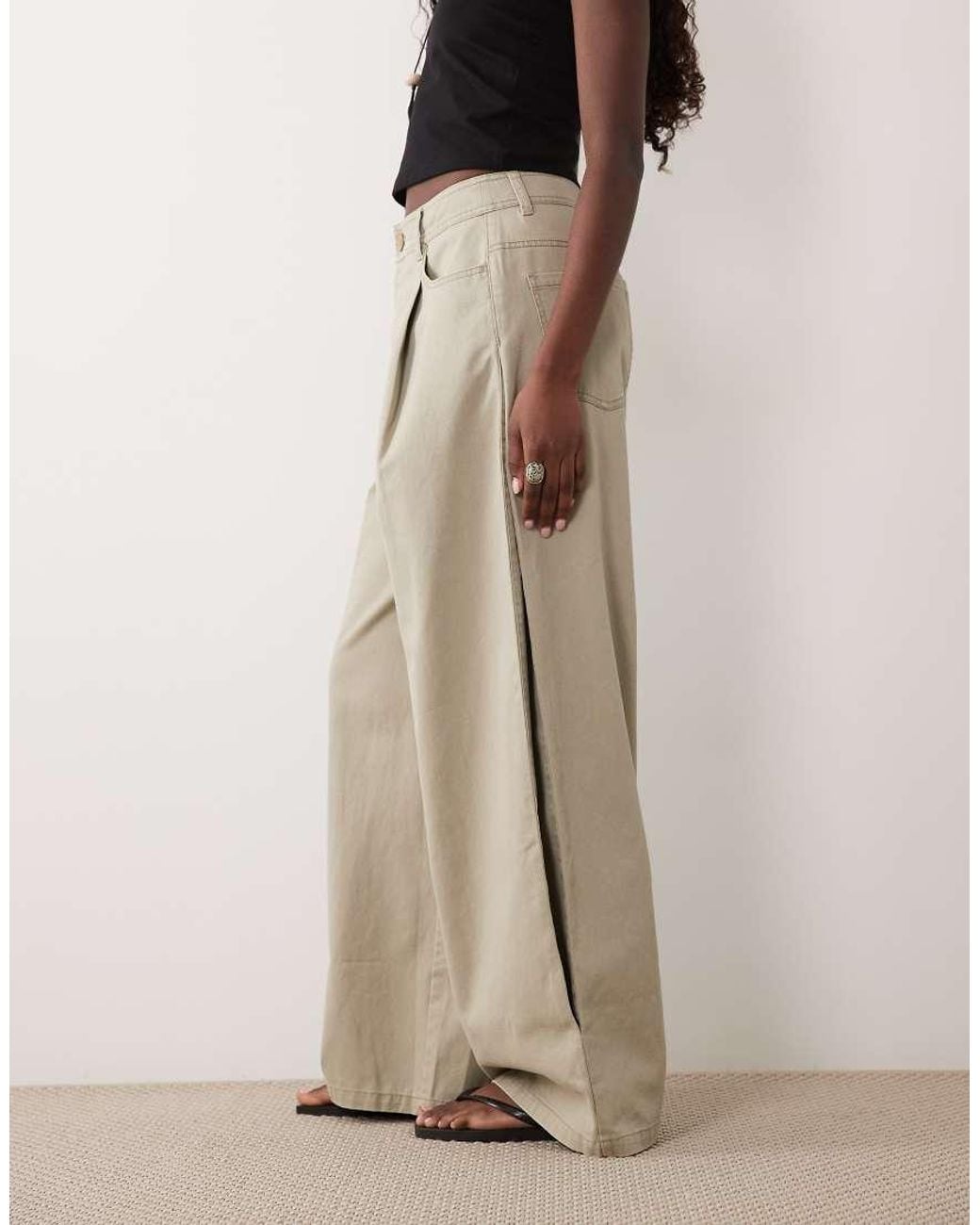 ASOS Natural Wide Barrel Leg Pants With Side Pleat Detailing