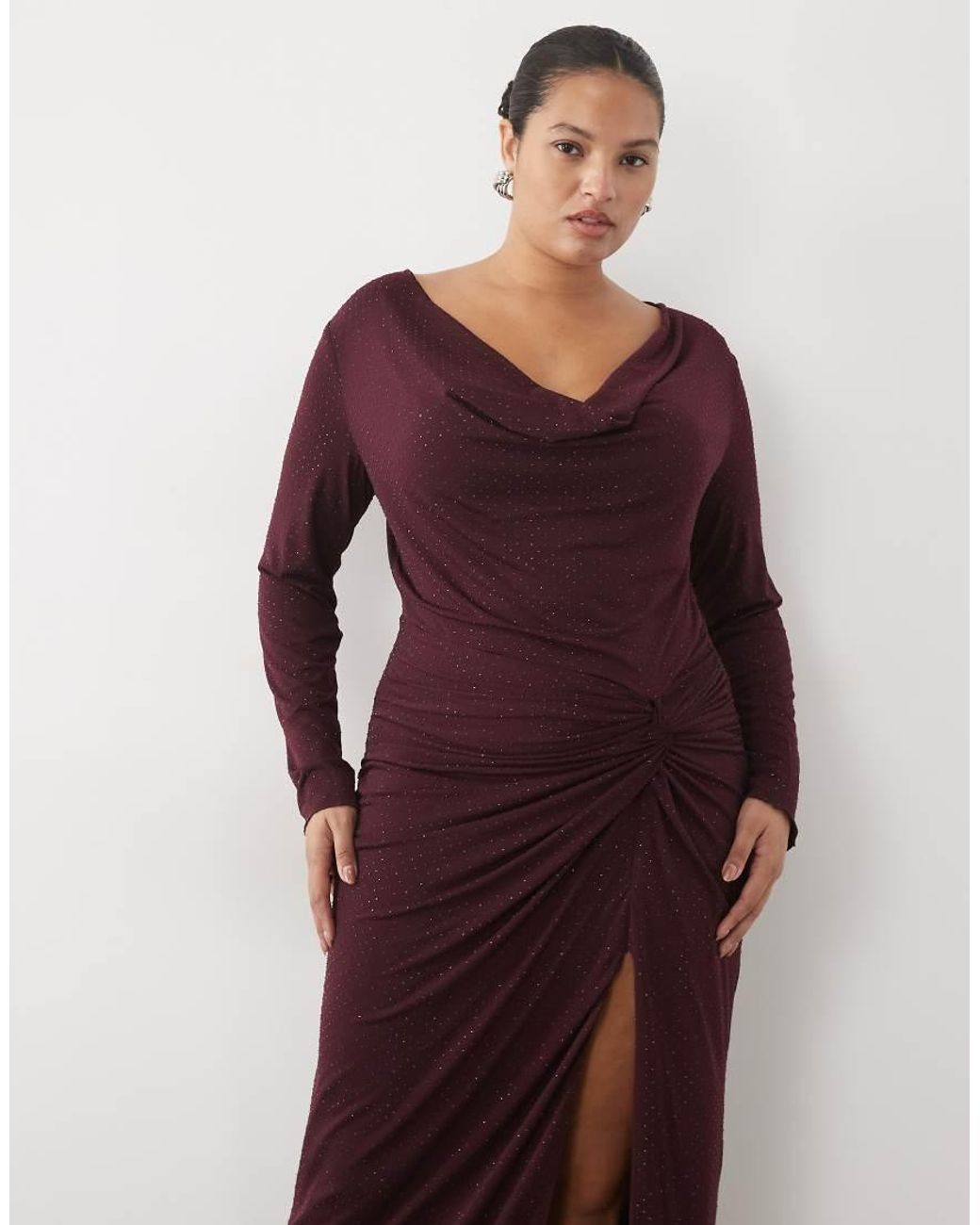 Tfnc Plus Red Cowl Neck Embellished Maxi Dress With Thigh Split