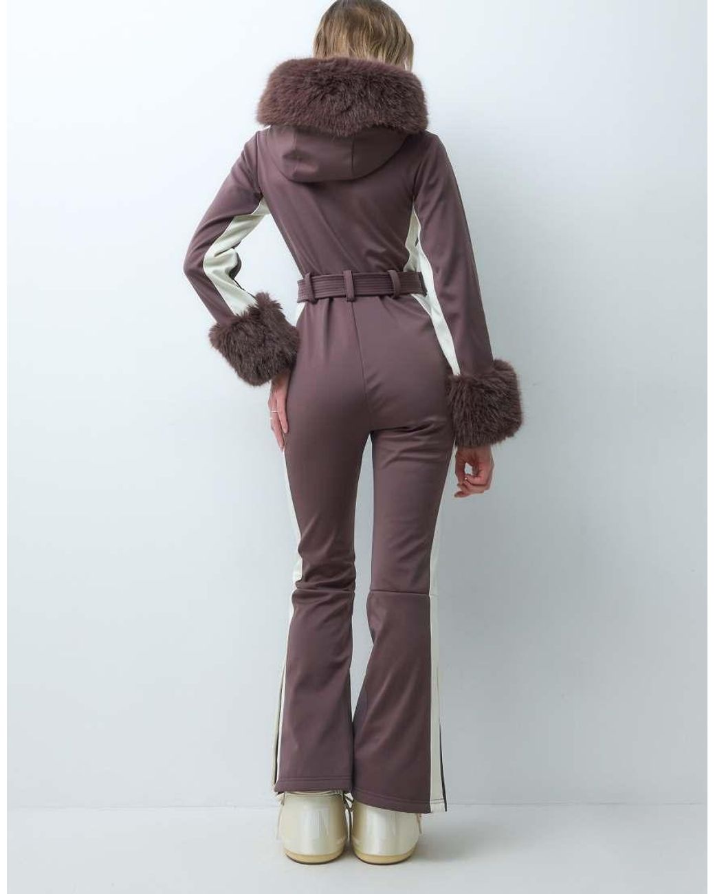 ASOS 4505 Ski & Snow Brown 4505 Ski Soft Shell Belted Ski Suit With Side Stripe And Faux Fur Trim