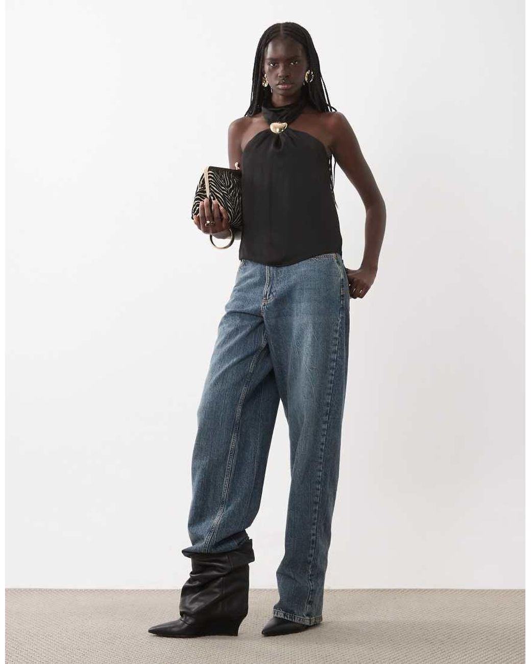 New Look Black Satin Hardware Halterneck Top