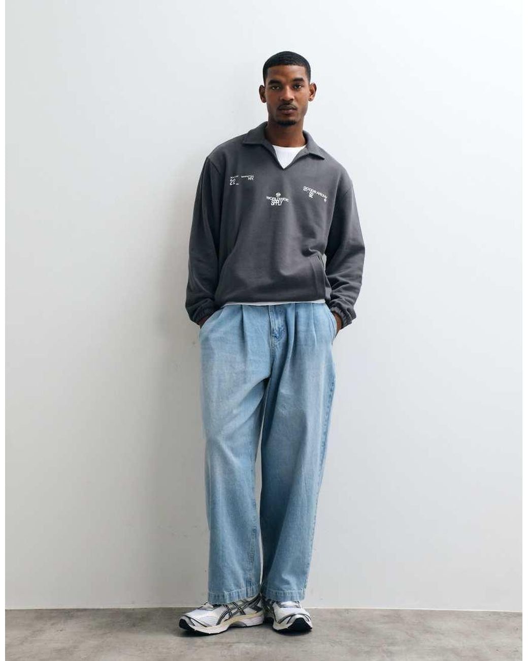 ASOS Blue Relaxed Polo Notch Sweatshirt With Cinch Hem And Print for men
