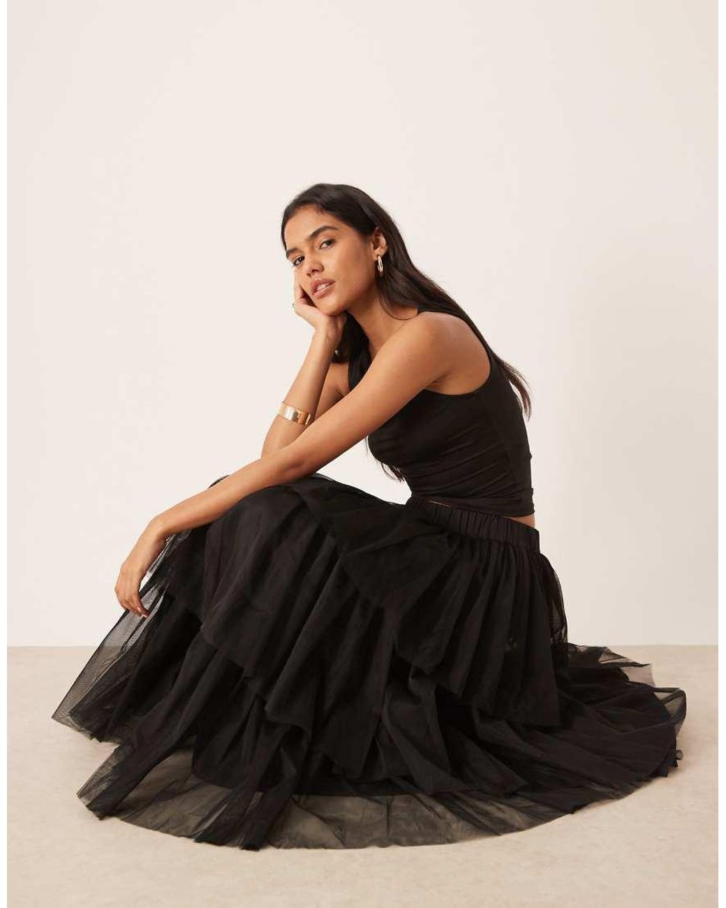 Y.A.S Black Tiered Tulle Midi Skirt